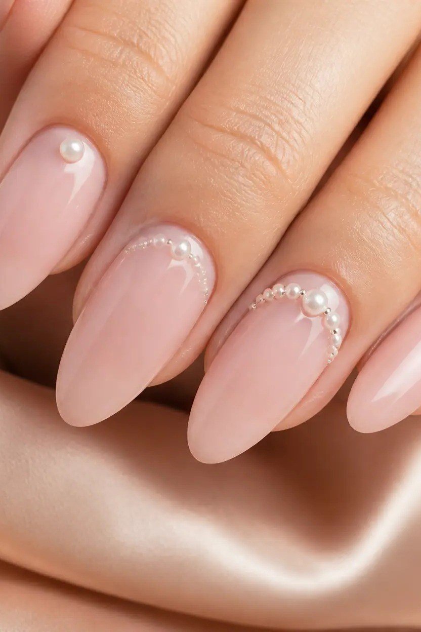 Pink almond nails with pearl cuticle line