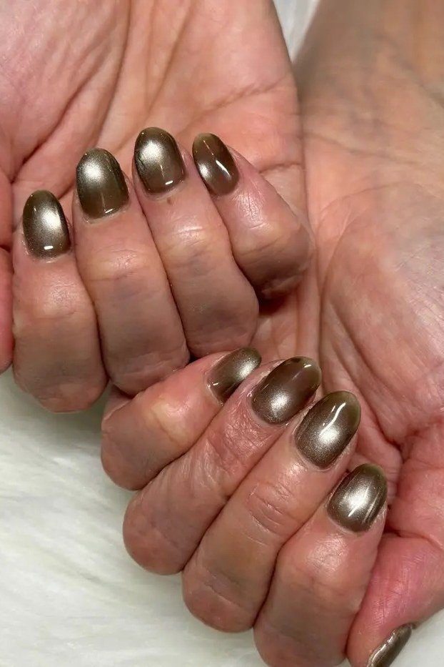 Bronze Gold Chrome Almond Nails, neutral nail ideas for older women