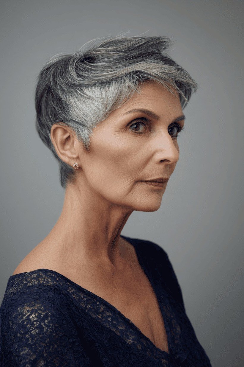 silver gray soft layered pixie for women over 50 side view