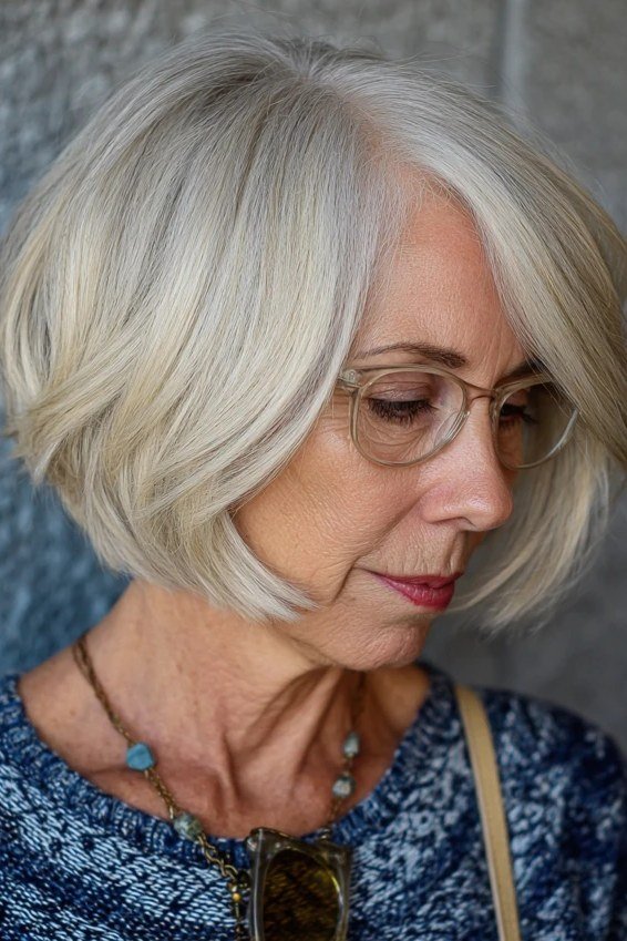 Layered silver-white french bob with side part and glasses