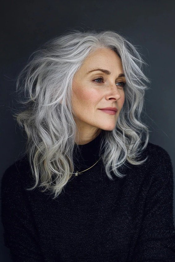 Silver Shoulder Bob with Soft Waves - grey shoulder length hairstyle for women over 60