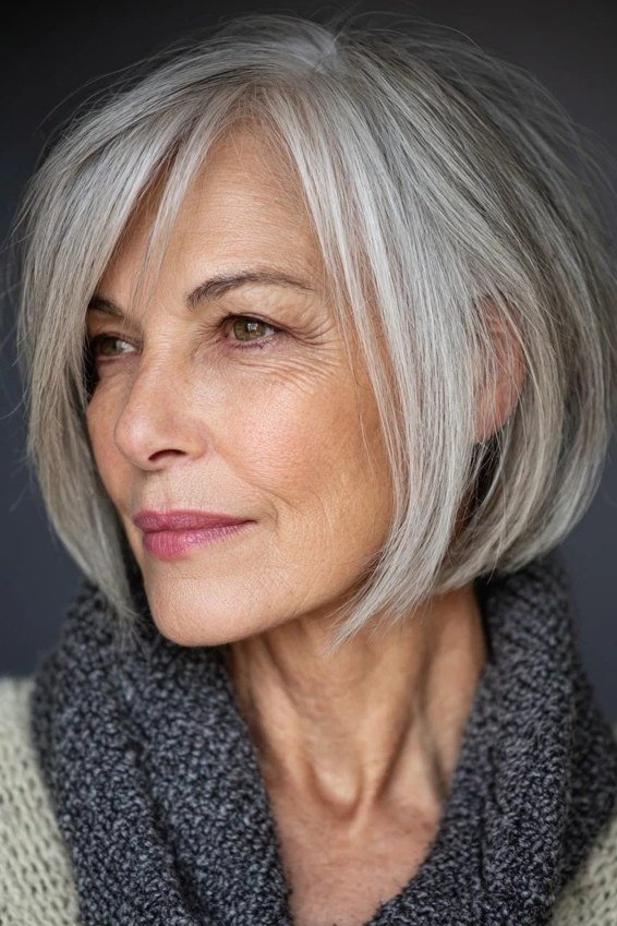 Silver bob haircut with curtain fringe for women over 60