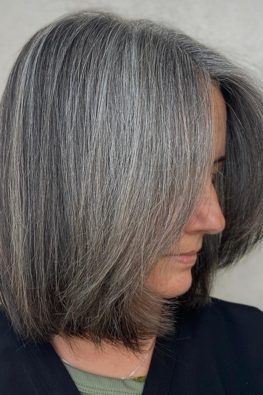 grey straight bob, side view for women over 50