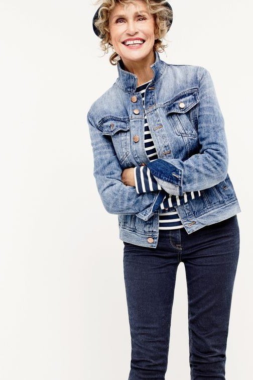 denim jacket striped tee dark jeans fall casual over 50