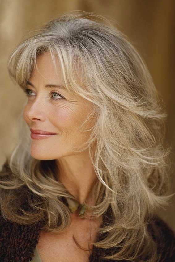 Blonde-Grey Layered Long Hair - grey hairstyle for women over 60