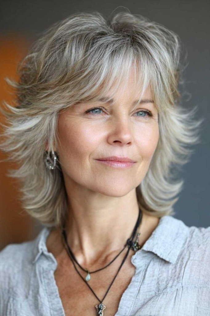 Feathered platinum shag haircut for women over 60