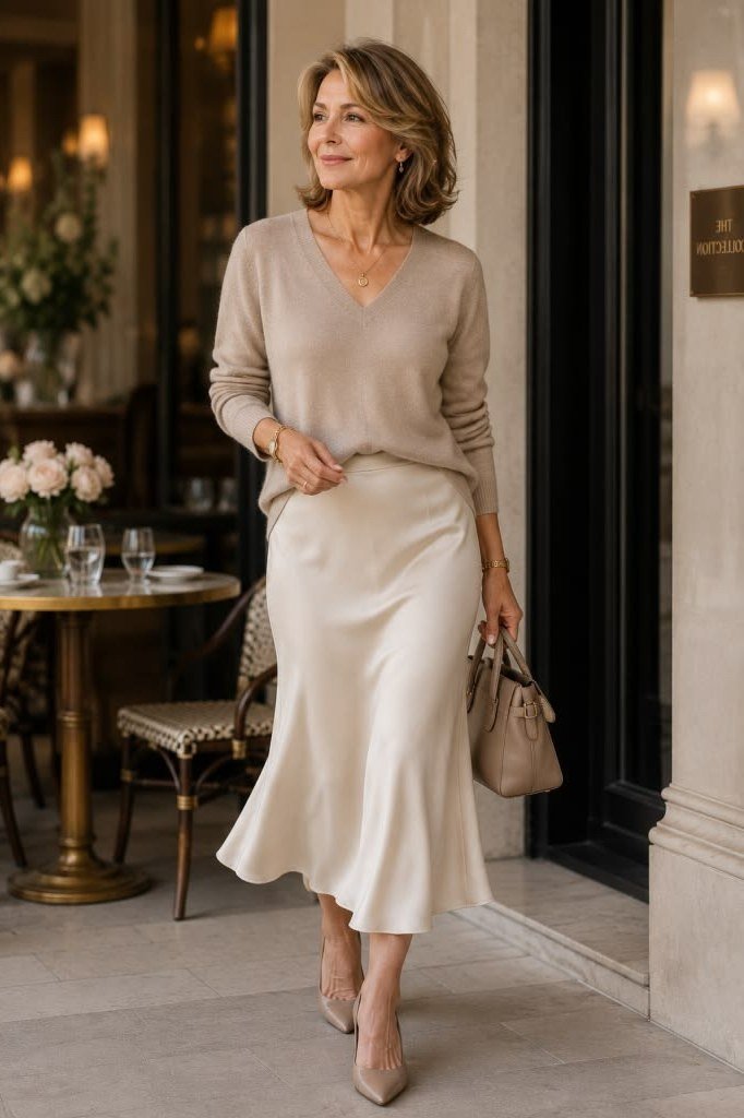beige sweater with ivory satin midi skirt and taupe bag for women over 50