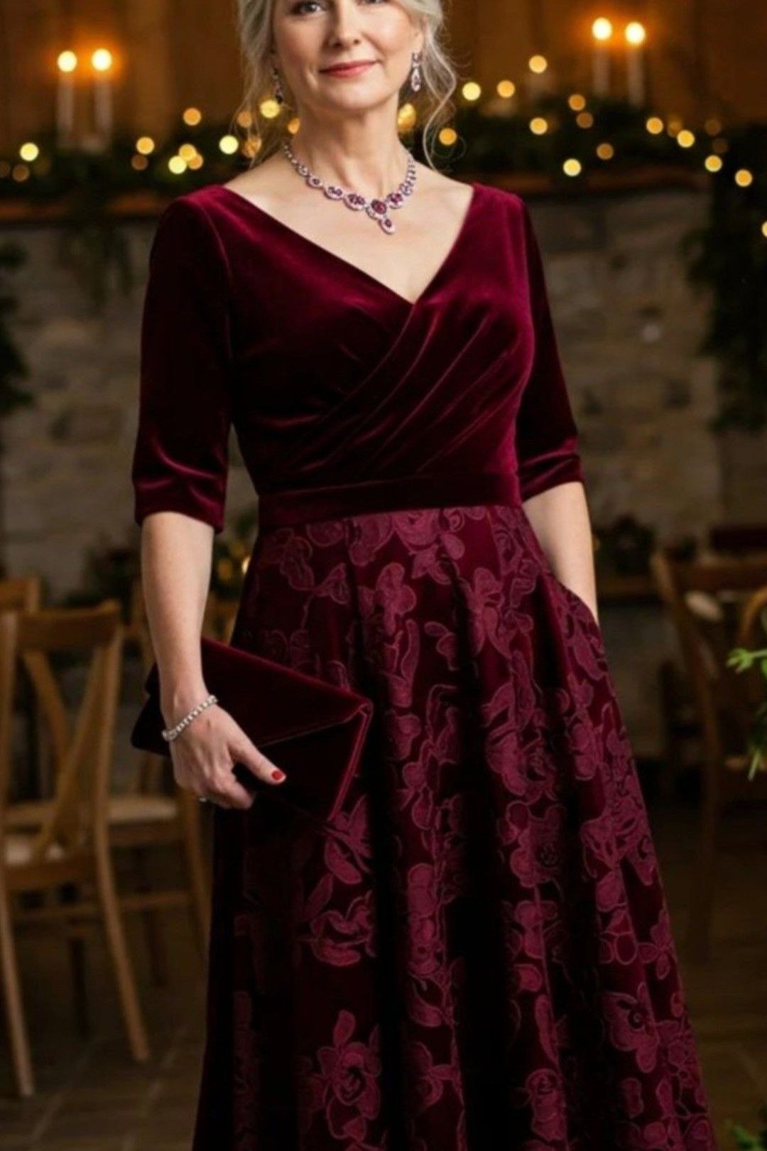 Burgundy velvet top with lace maxi skirt for women over 50, fall date night outfit
