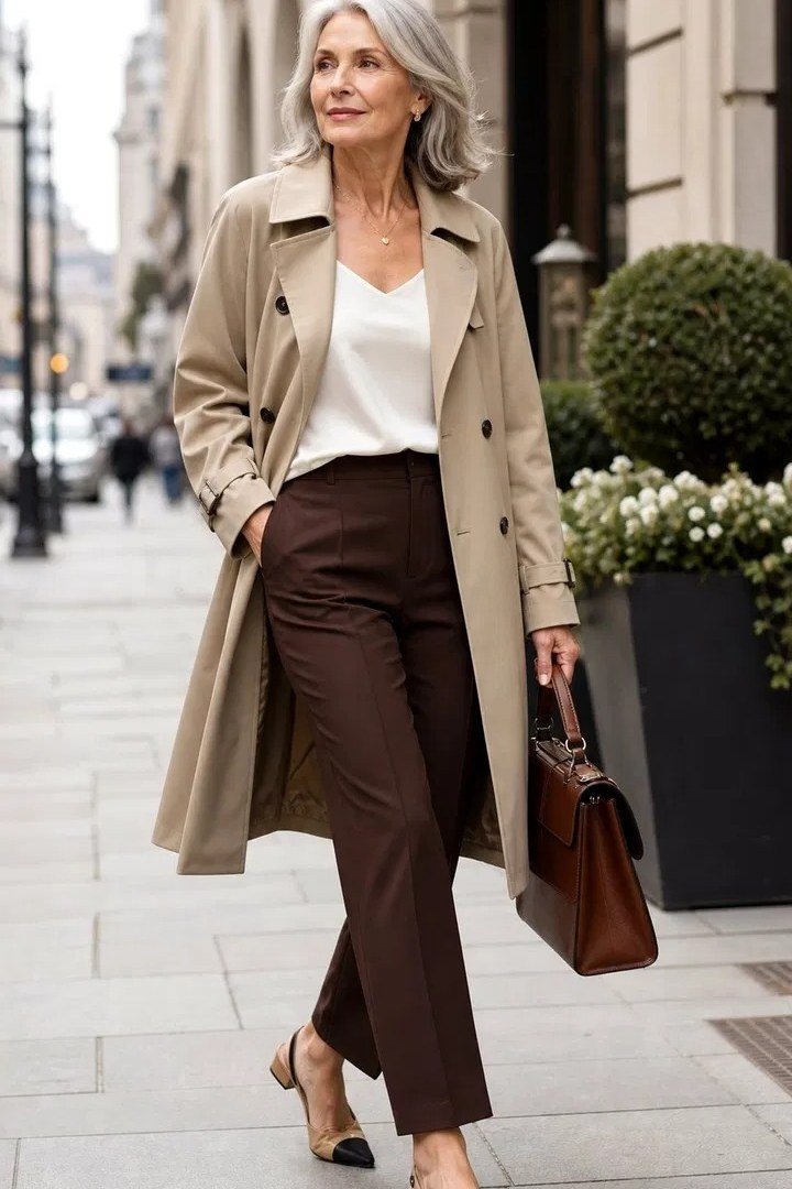 Trench coat white top brown trousers, grey-haired woman on sidewalk - business casual work outfit for women over 50