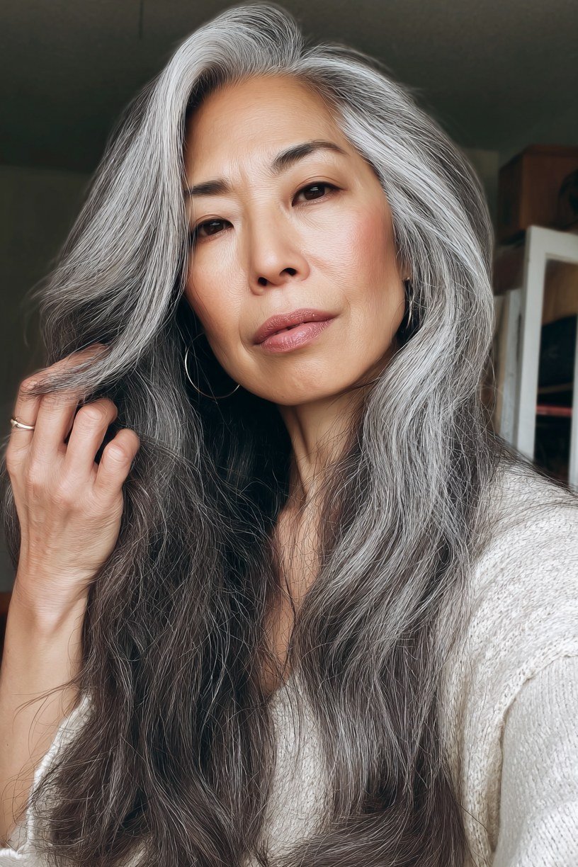 Long salt and pepper hair with natural blending