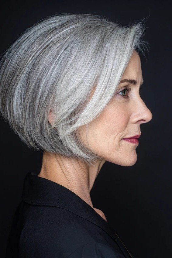 Smooth Silver Bob, chic bob haircut for women over 50