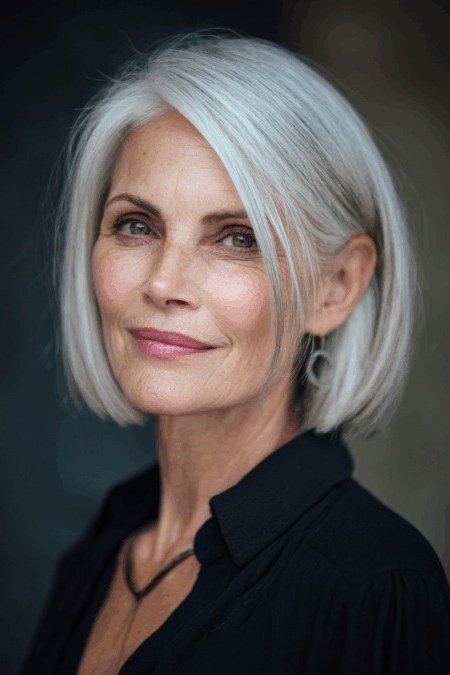 silver bob, front view, medium length hairstyle for women over 60