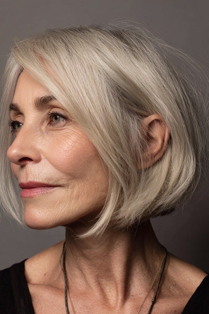 Choppy bob hairstyle for women over 60: blonde bob side black top