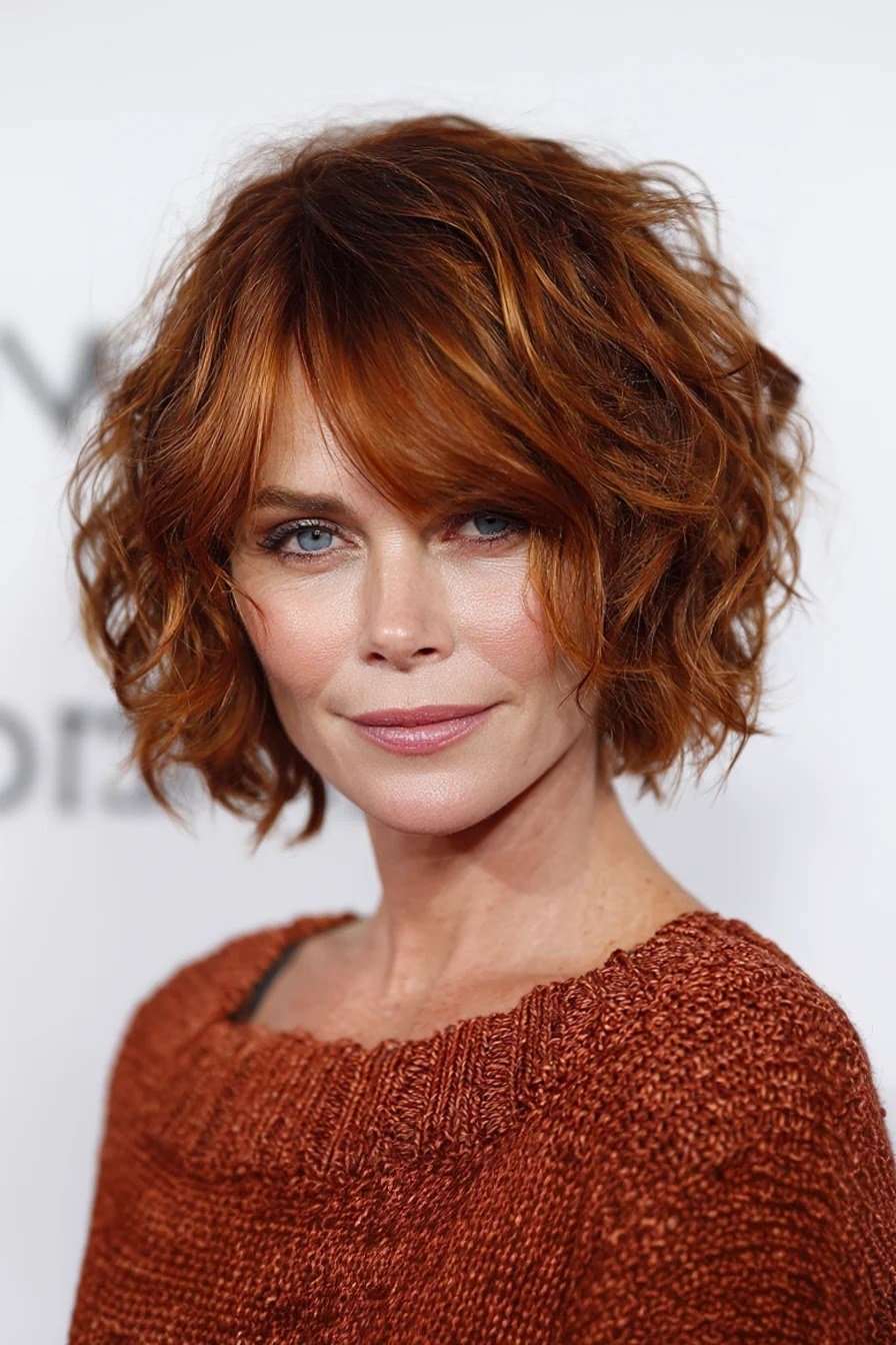 Vibrant copper curly bob with polished bouncy color for women over 40