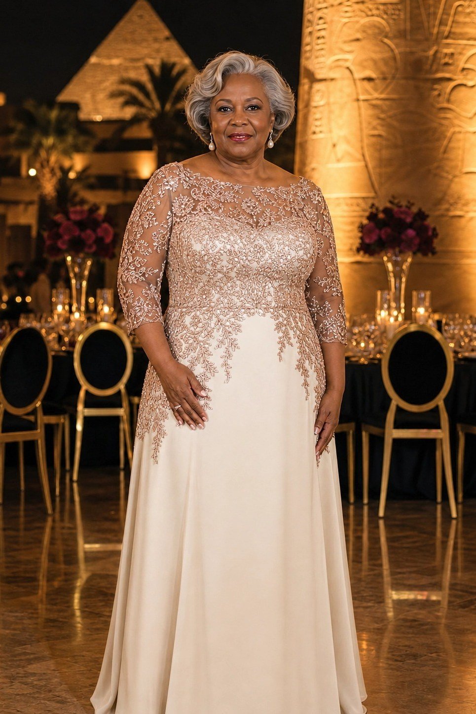 Ivory-Champagne Lace Gown with Illusion Sleeves - evening outfit for women over 60