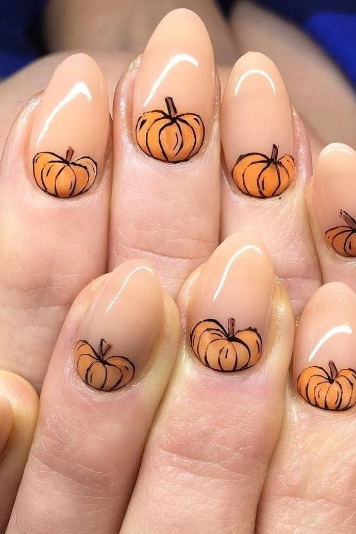 Pumpkin art almond nails, fall nail design for women over 60