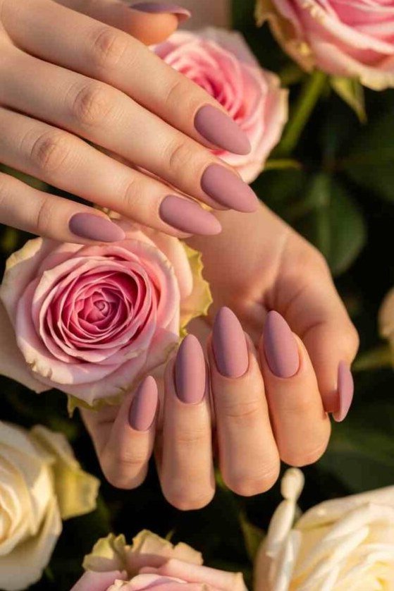 Mauve Almond Nails Holding Pink Roses, elegant mauve nail idea for women over 60