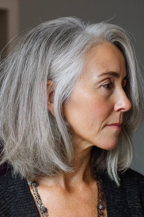 Feathered gray shaggy bob haircut for women over 60, side profile