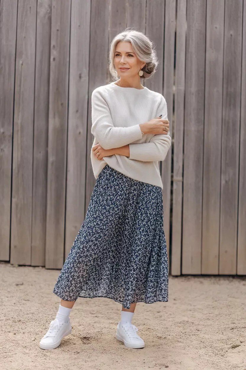 Cream Sweater with Blue Floral Midi Skirt - chic casual outfit for women over 50