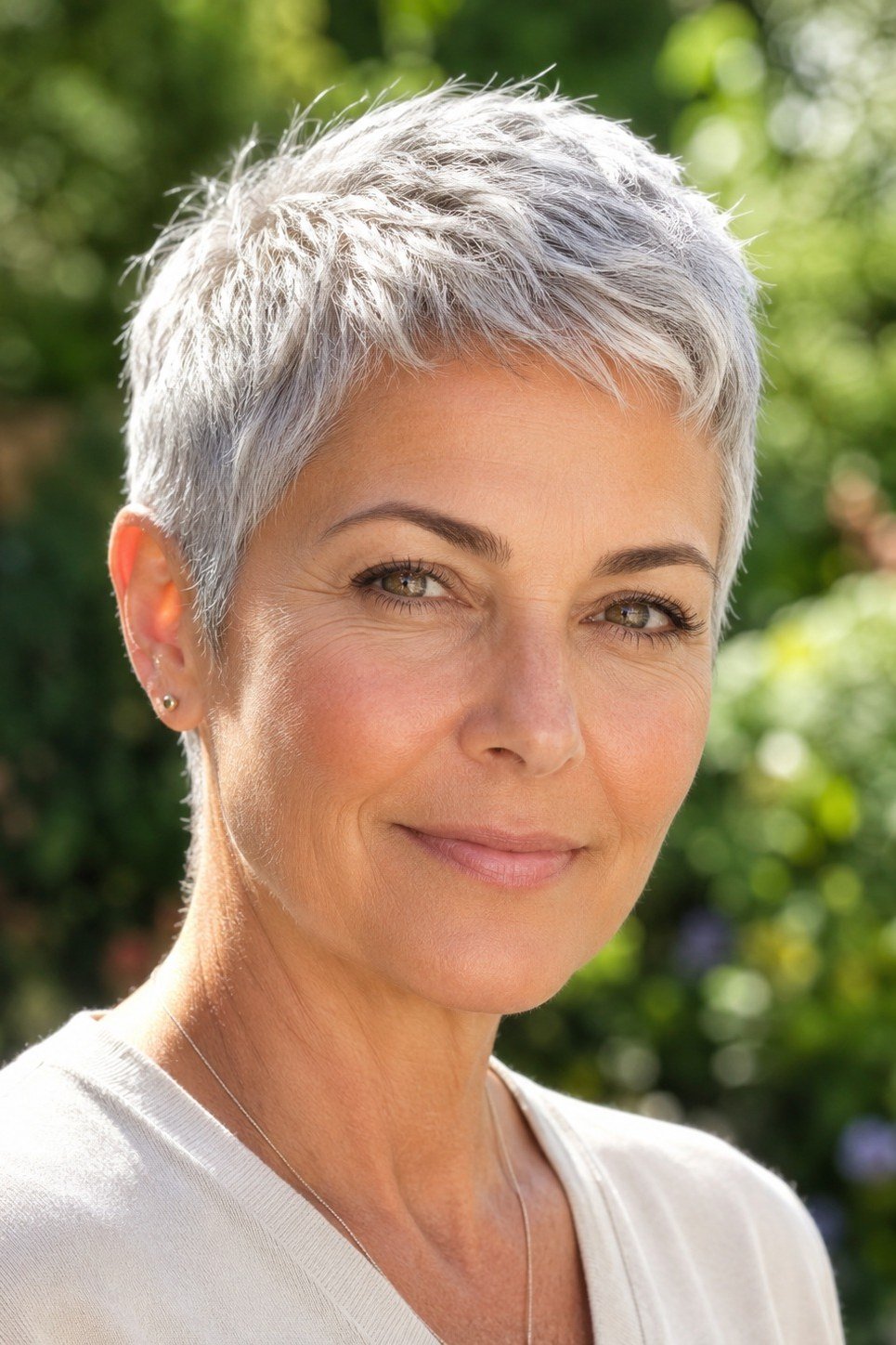bright silver pixie haircut in garden, front view