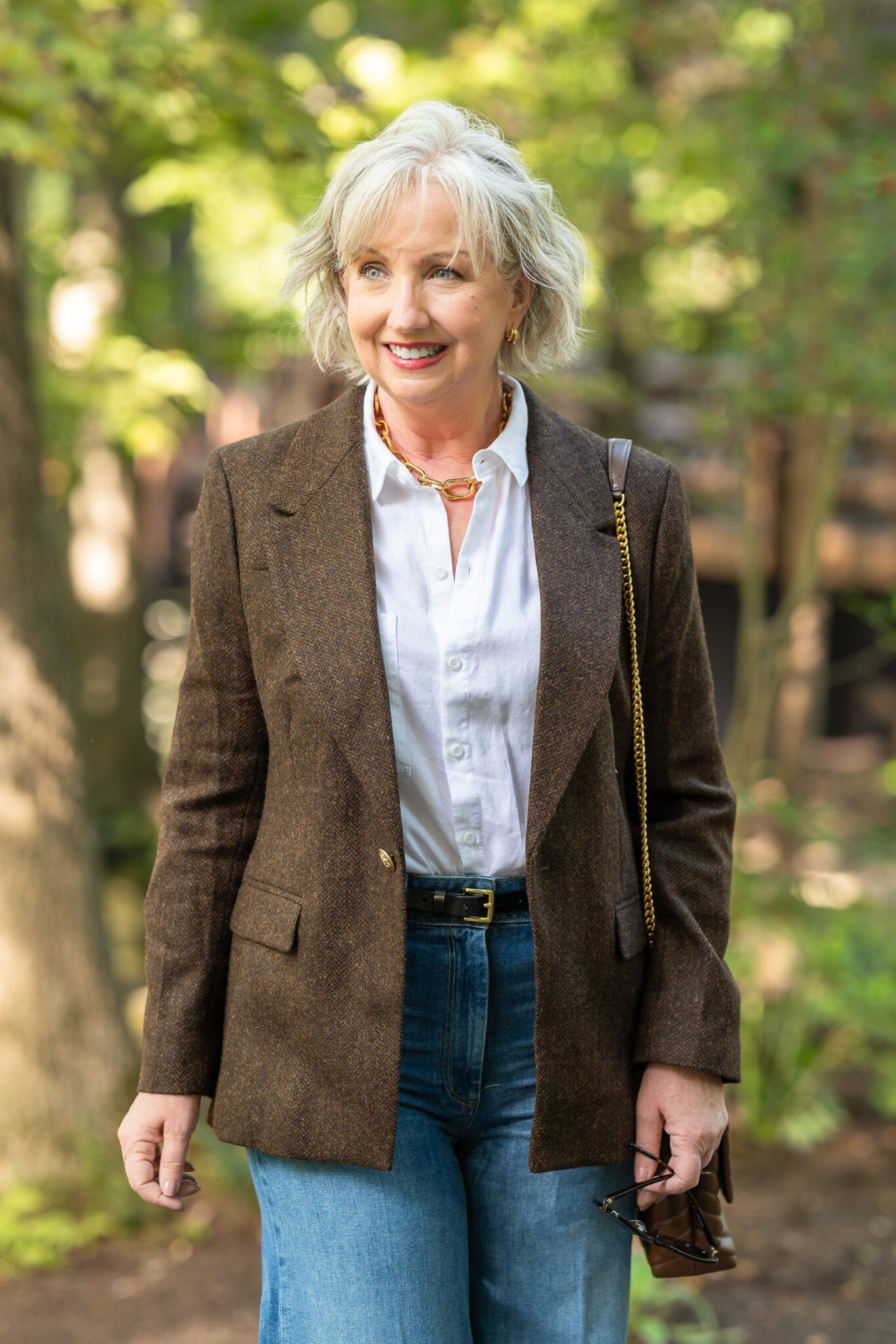 Brown tweed blazer with white shirt and jeans for women over 60