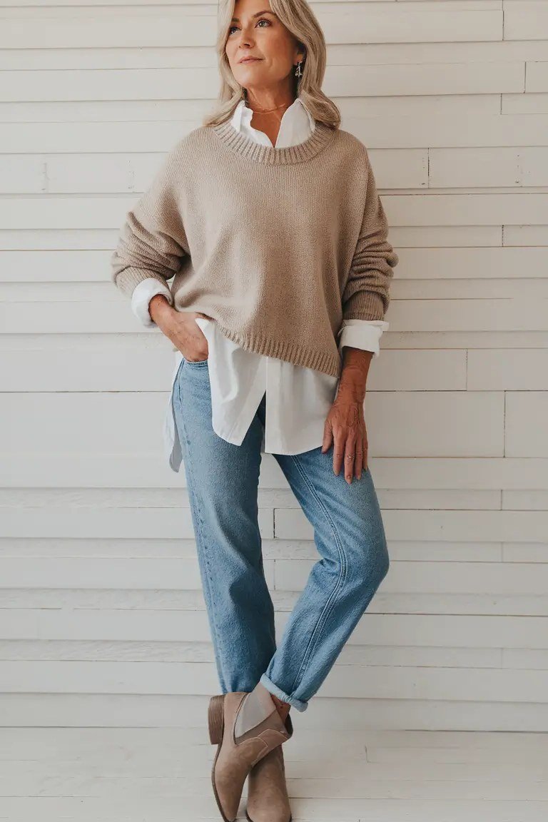 Easy casual outfit idea for women over 50: beige sweater and straight leg jeans, older woman everyday style