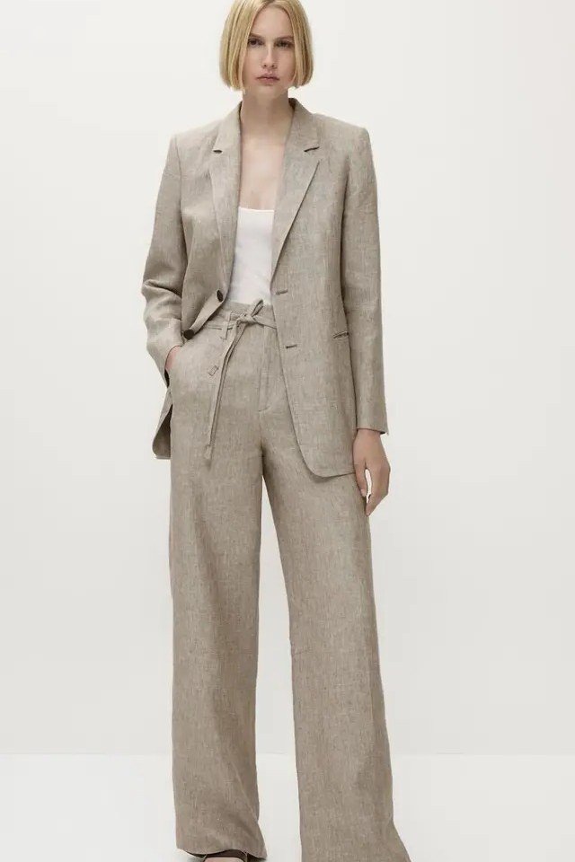 Taupe linen suit with wide-leg pants, studio for women over 60
