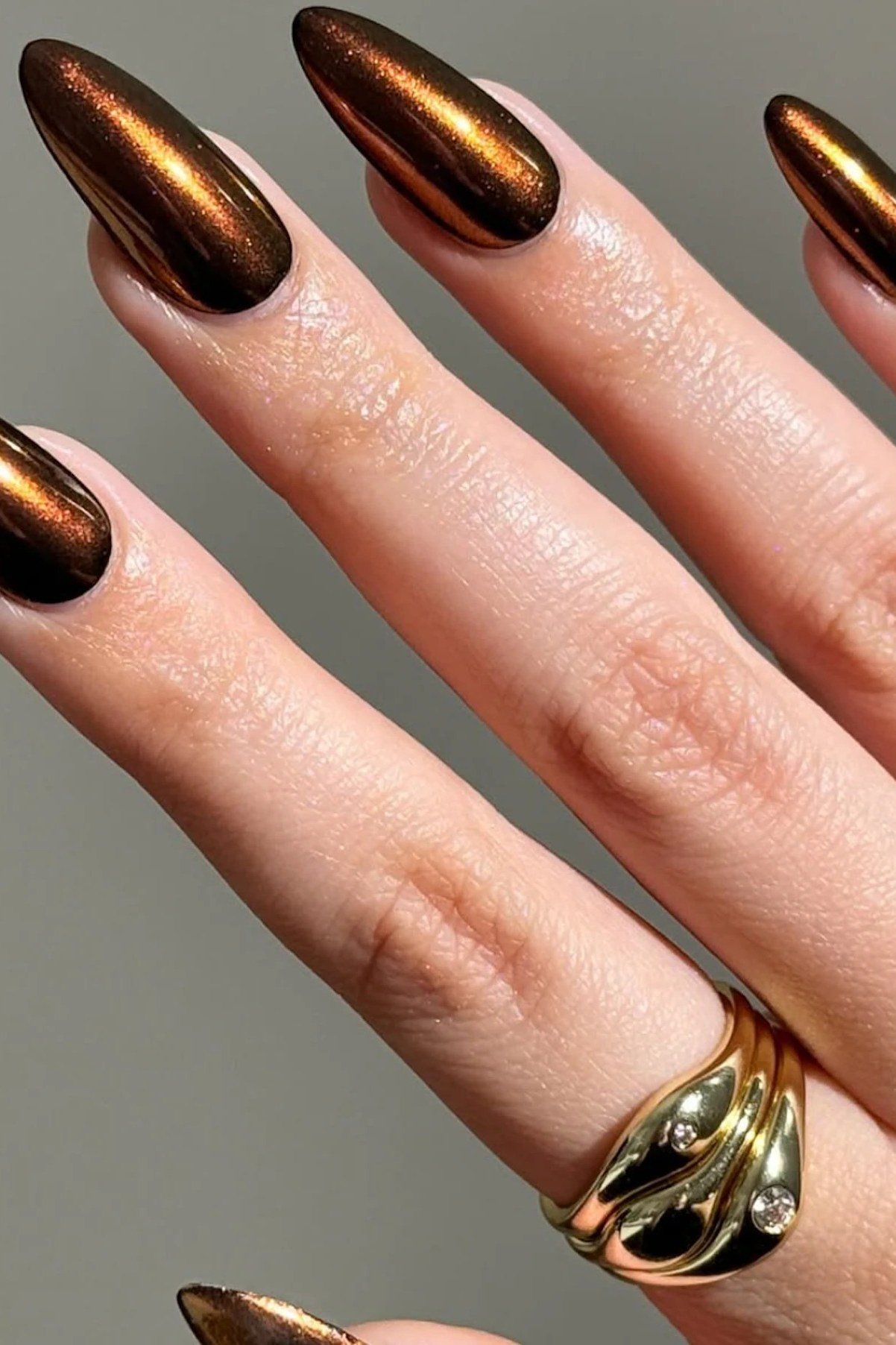 Bronze Chrome Almond - fall nail color idea for women over 60
