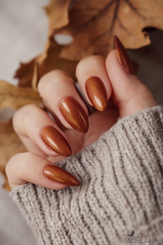 Copper Almond Nails with Autumn Leaves, chocolate brown fall nail design for women over 60