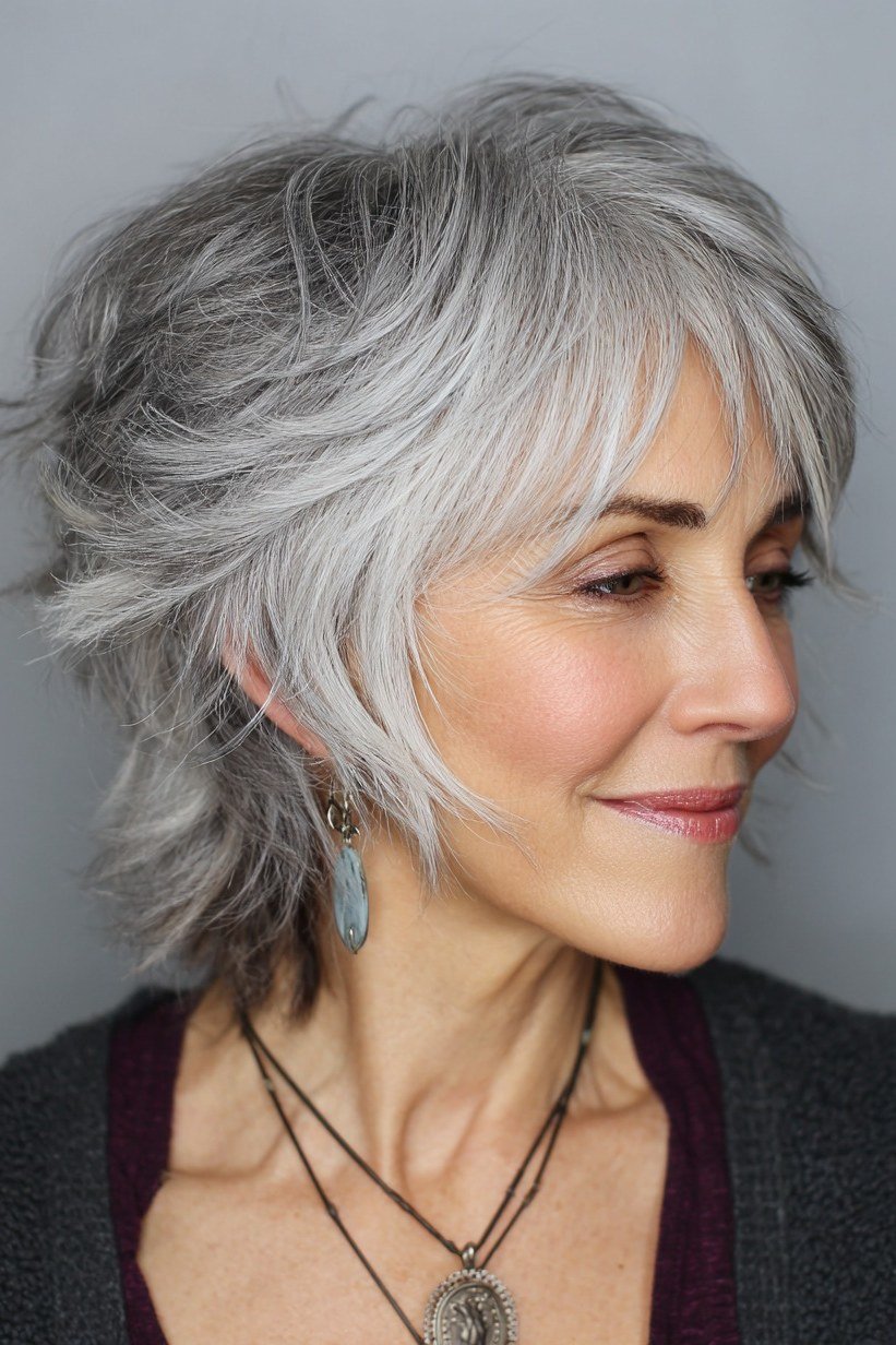 salt and pepper shaggy pixie bob for women over 50, side view