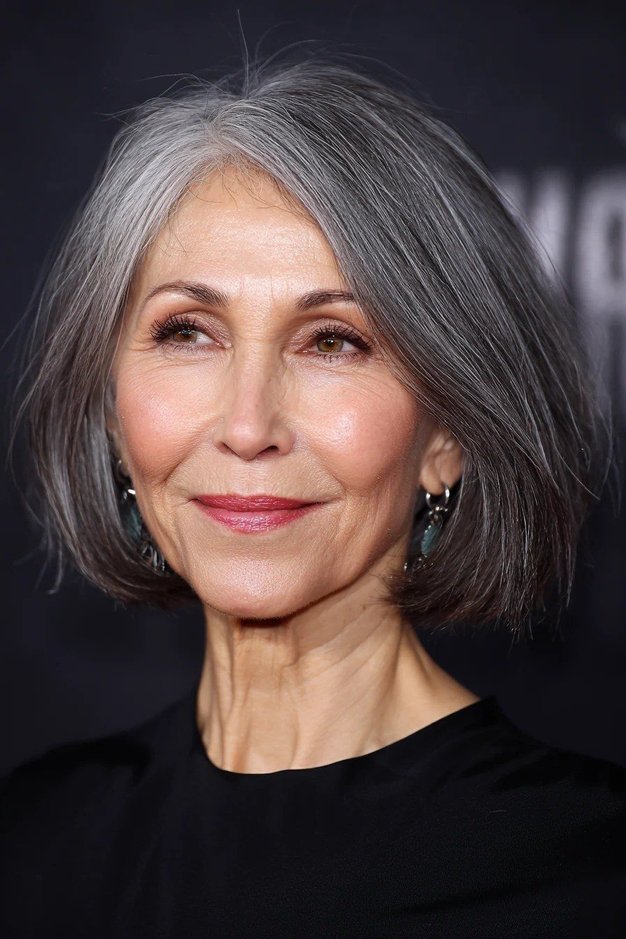 Gray shoulder-length classic cut, elegant, timeless hairstyle for women over 70