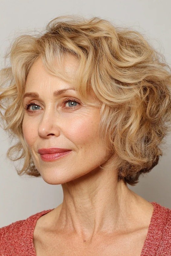 Honey blonde curly bixie haircut front view for women over 60