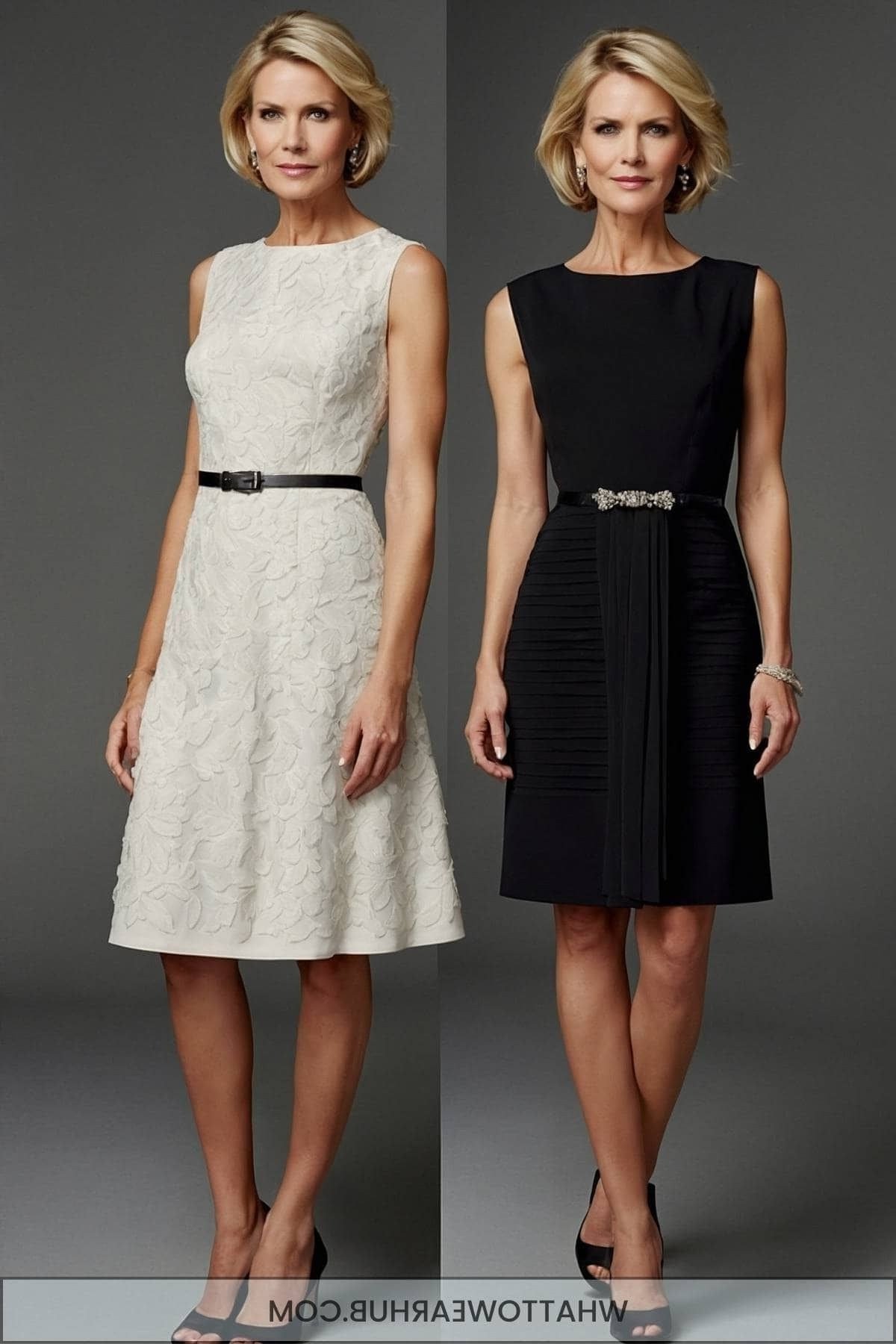 black and ivory sheath dresses, two models, elegant cocktail dress for women over 60