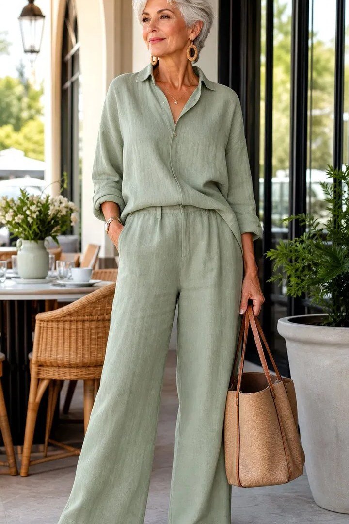 Sage Green Two-Piece Set, classic casual outfit for women over 70