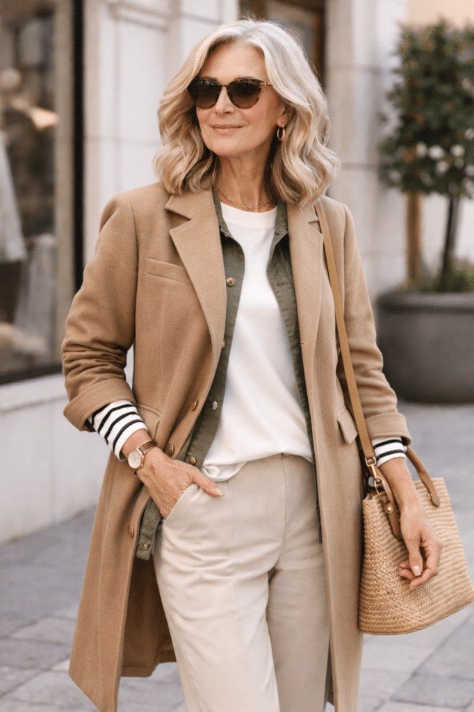 camel blazer white top olive shirt beige trousers woven tote women over 50