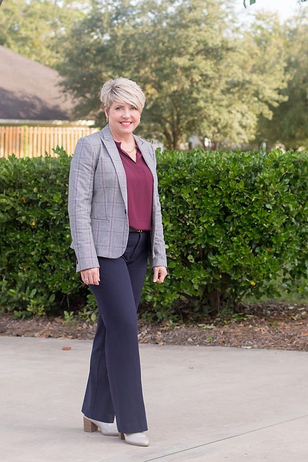 Grey blazer burgundy navy grey blazer burgundy top navy wide pants blonde 50s - fall outfit idea for women over 40
