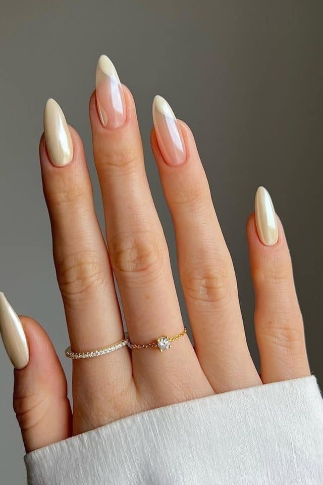 White and Gold Chrome Almond Nails - chrome nail designs for women over 60