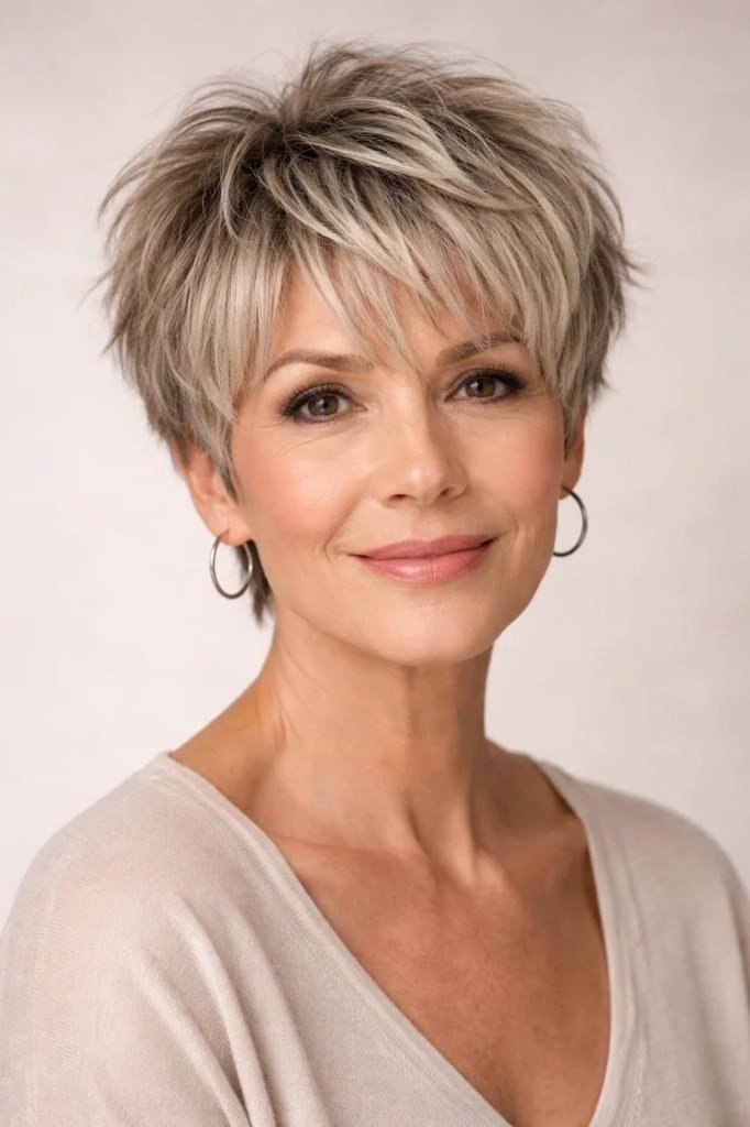 Blonde pixie with soft layers and gentle smile