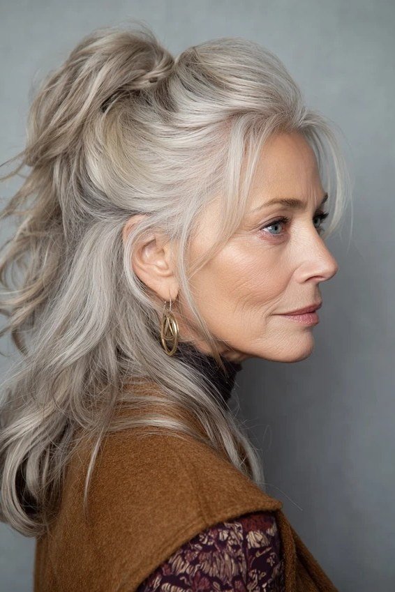 Long silver wavy high ponytail for women over 50