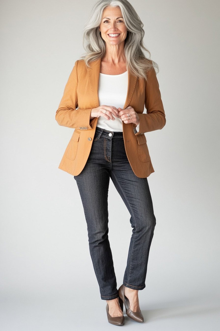 Woman over 50 wearing camel blazer with grey jeans, everyday casual outfit idea