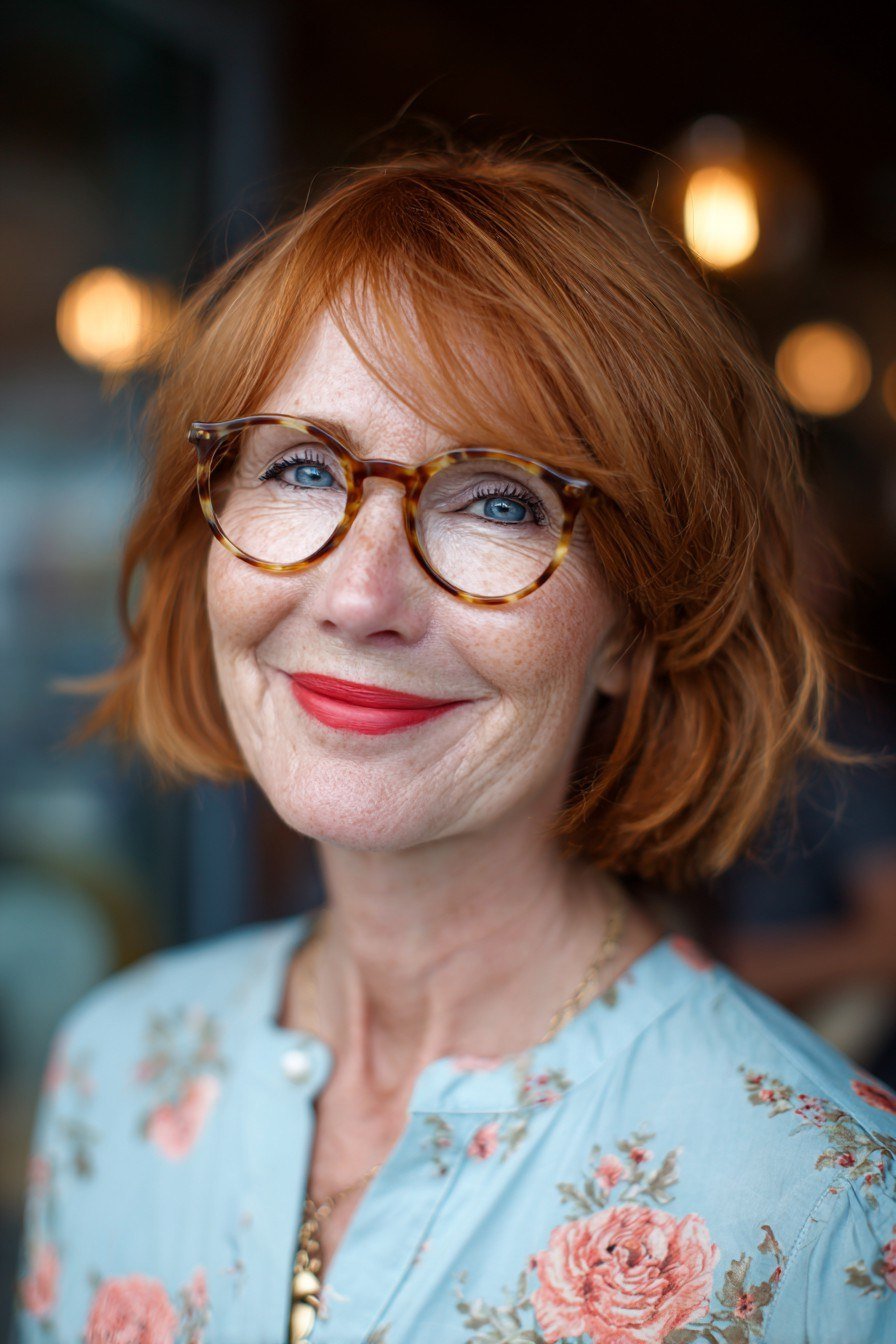 Copper Layered Lob with Bangs and Glasses - layered lob hairstyle for women over 60