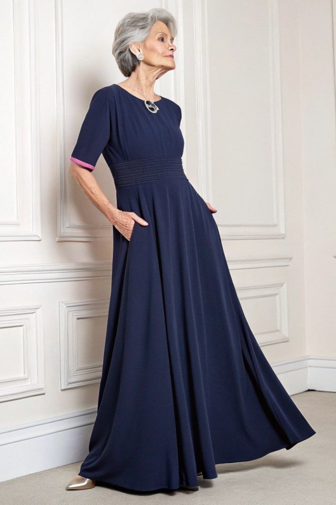 holiday evening outfit for women over 60: navy floor length evening gown