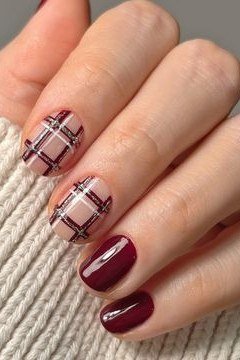 Burgundy with plaid short on sweater, burgundy fall nail idea for women over 60