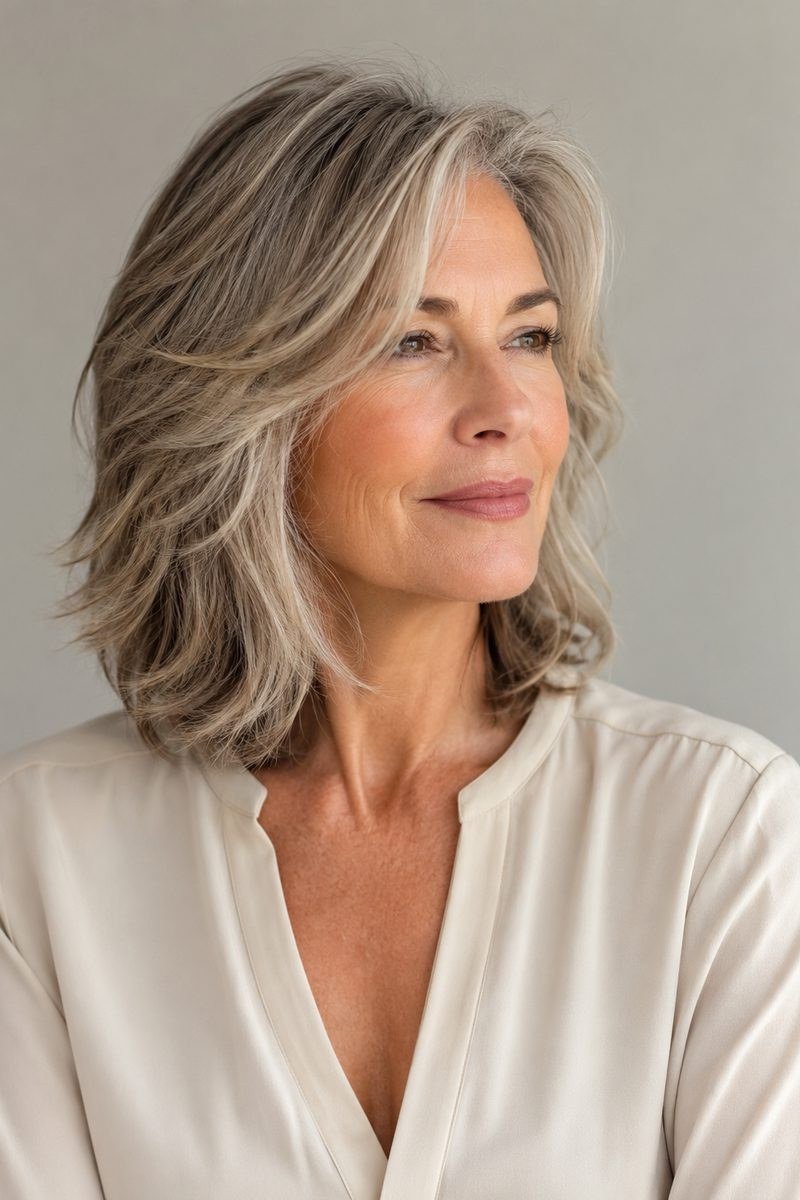 Gray wavy bob with natural texture in three-quarter view for women over 60