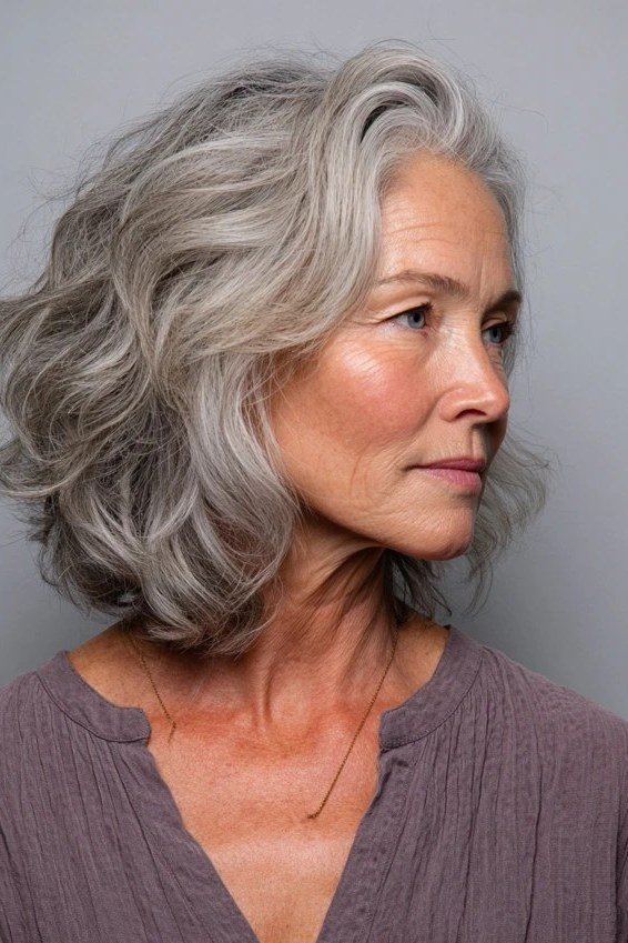 Grey wavy bob for senior women easy style