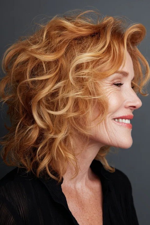 Strawberry blonde curly lob, side view, older woman