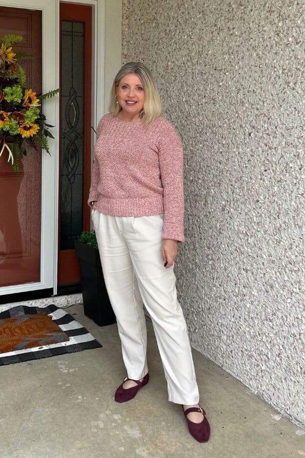 Pink Sweater with White Jeans on a woman over 50, fall outfit idea