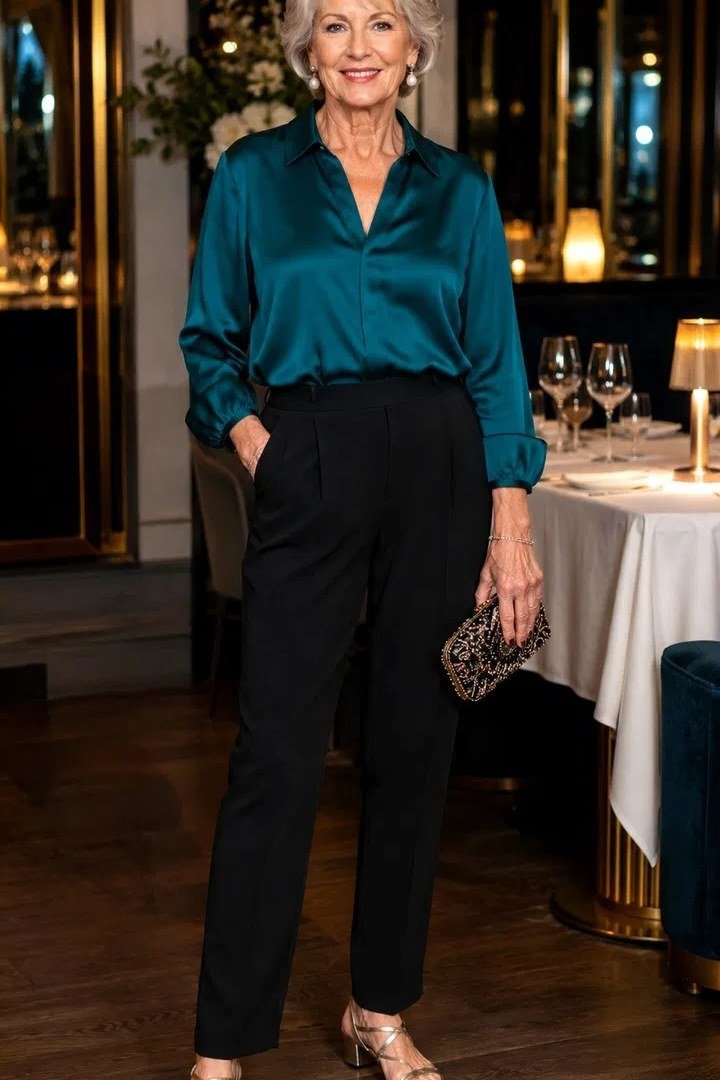 Gray-haired woman in teal satin blouse with black trousers
