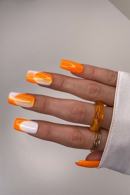 Orange White Ombre French Square Nails - Crisp white melts into warm orange ombre tips on these short square nails.