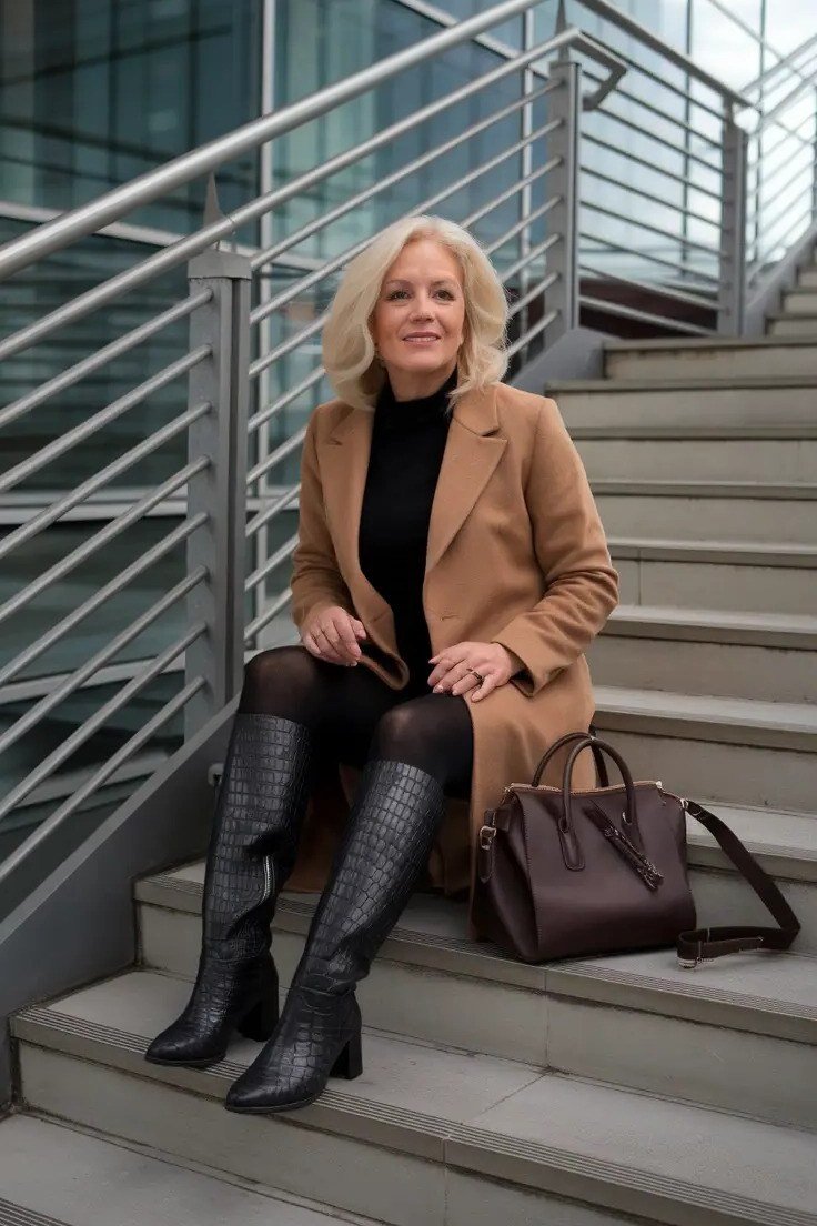 Camel coat with black turtleneck, black tights, and tall boots for women over 50 at work